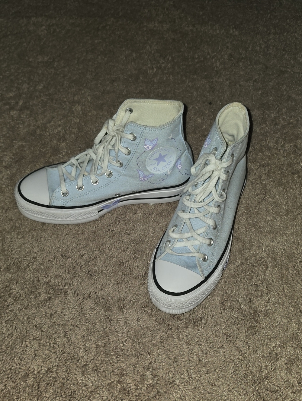 Converse Lace-Up High Top Boots in Pale Blue With Butterflies